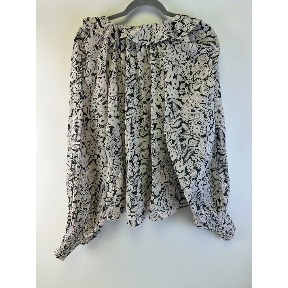 Anthropologie Floral Ruffle Peasant Top Long Puff Sleeves Button Cotton Large